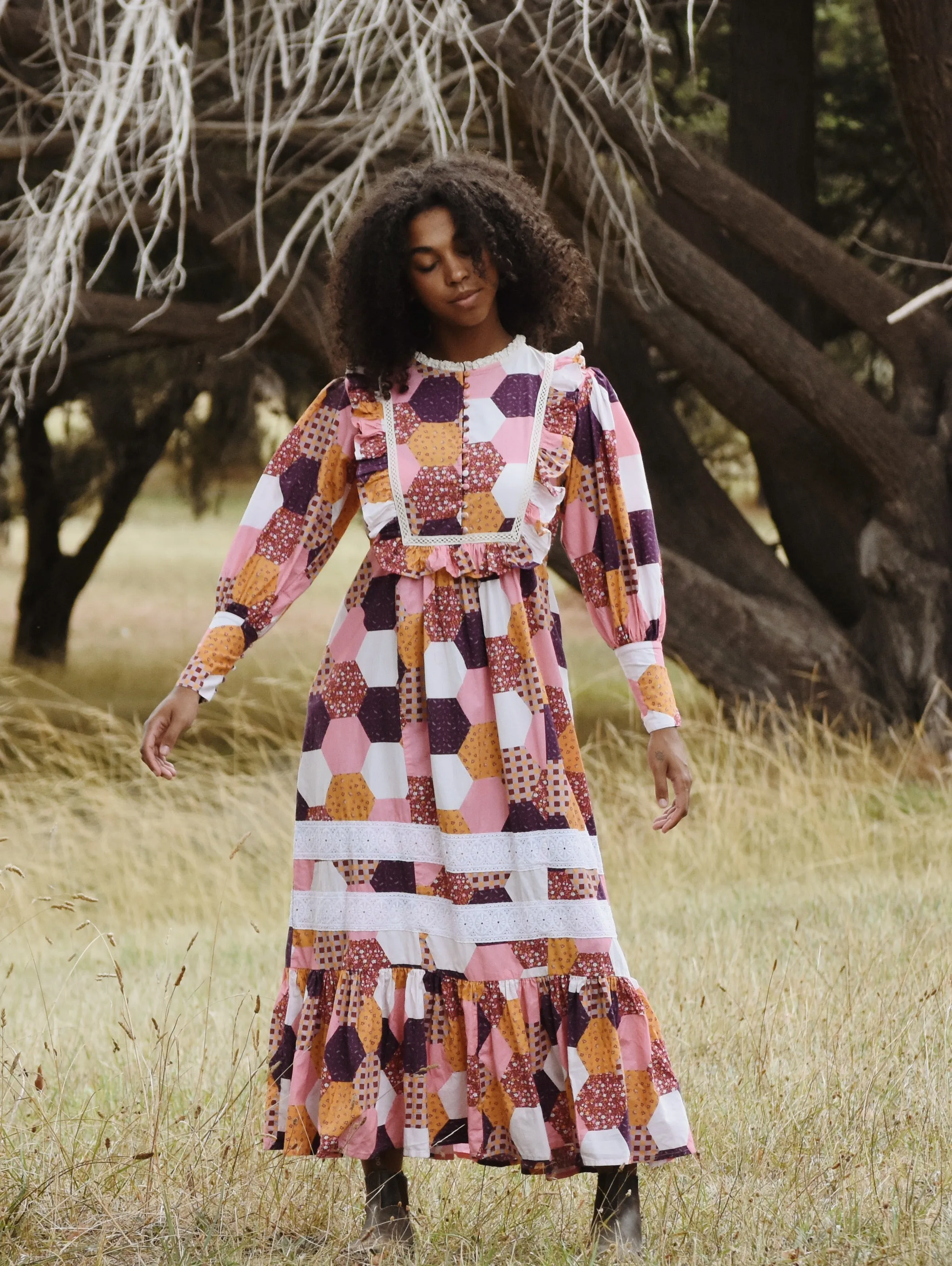 100% RECYCLED COTTON - CLARA DRESS HEXIE PATCHWORK PRINT