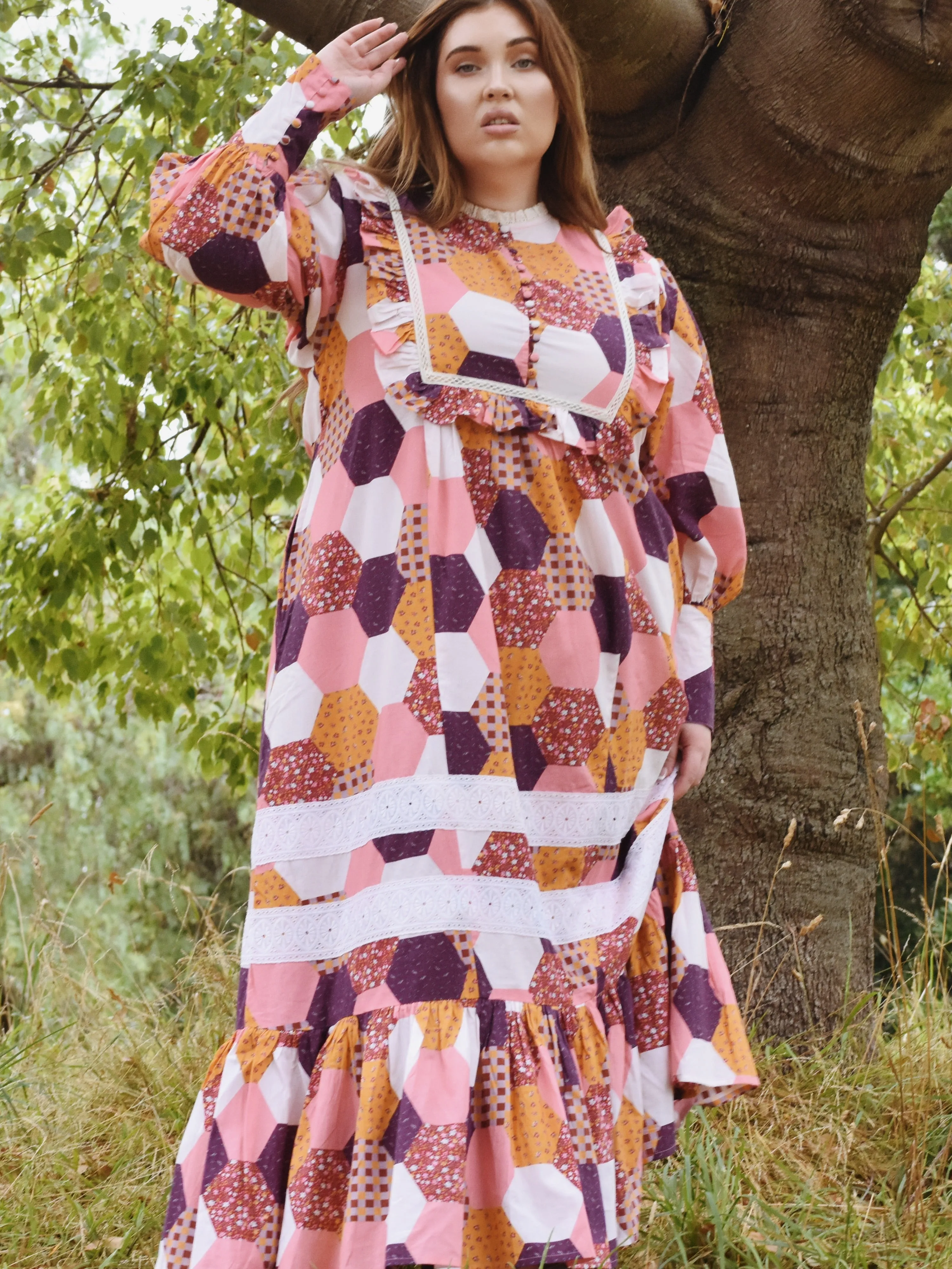 100% RECYCLED COTTON - CLARA DRESS HEXIE PATCHWORK PRINT