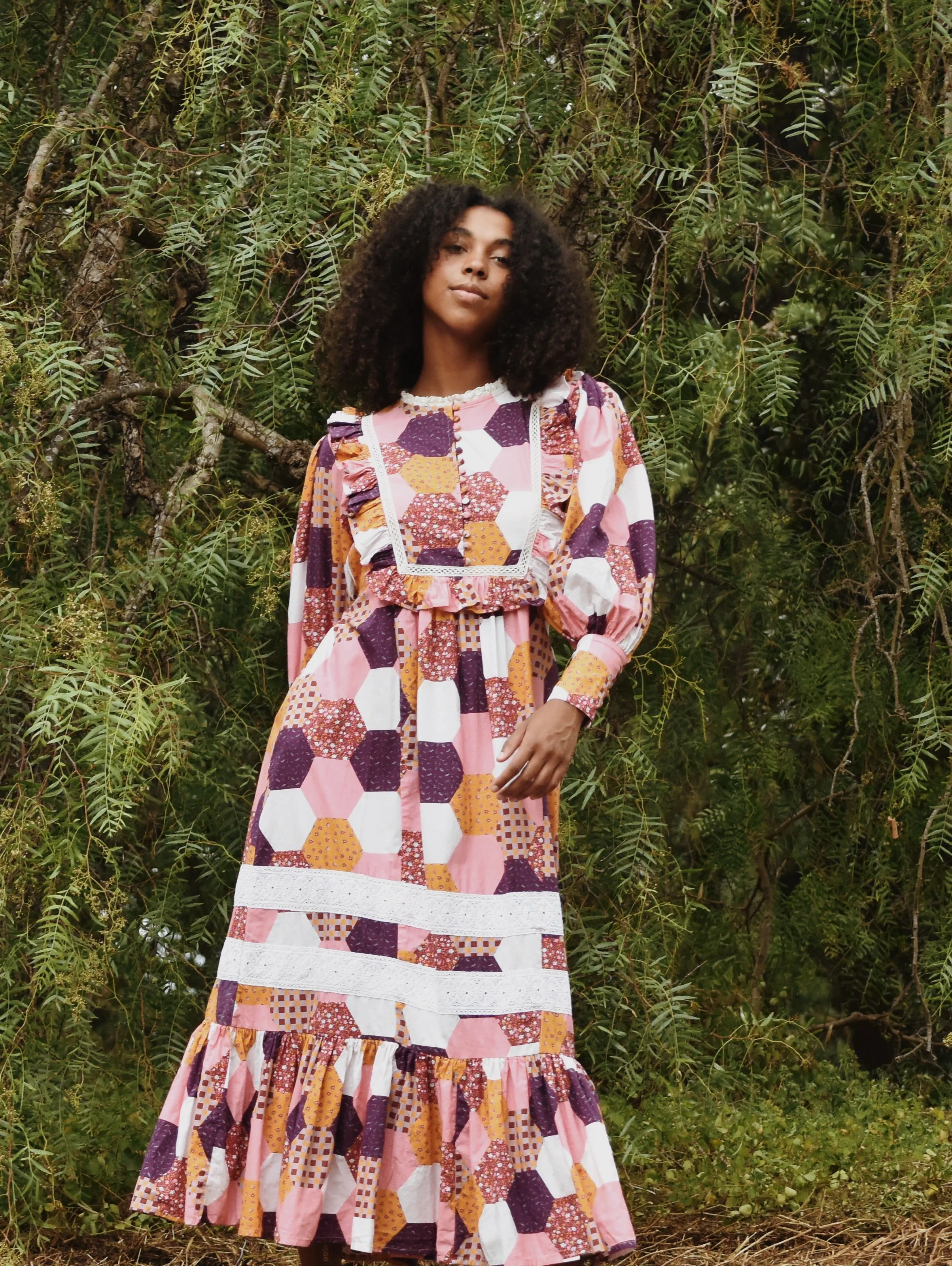 100% RECYCLED COTTON - CLARA DRESS HEXIE PATCHWORK PRINT