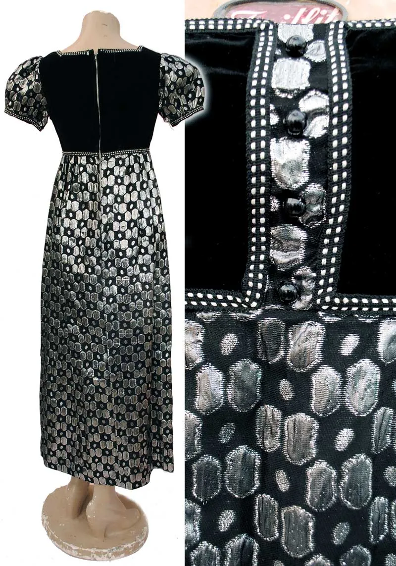 1960s Vintage Silver Lame & Black Velvet Empire Line Evening Dress • Maxi Dress