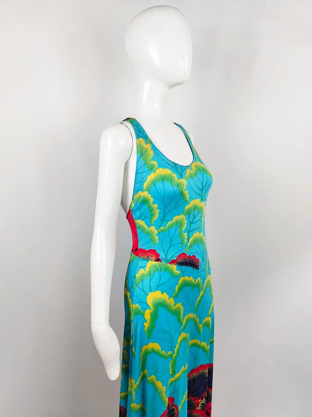 1970s Vintage Mac Tac Paris Turquoise Racer Back Jersey Maxi Dress