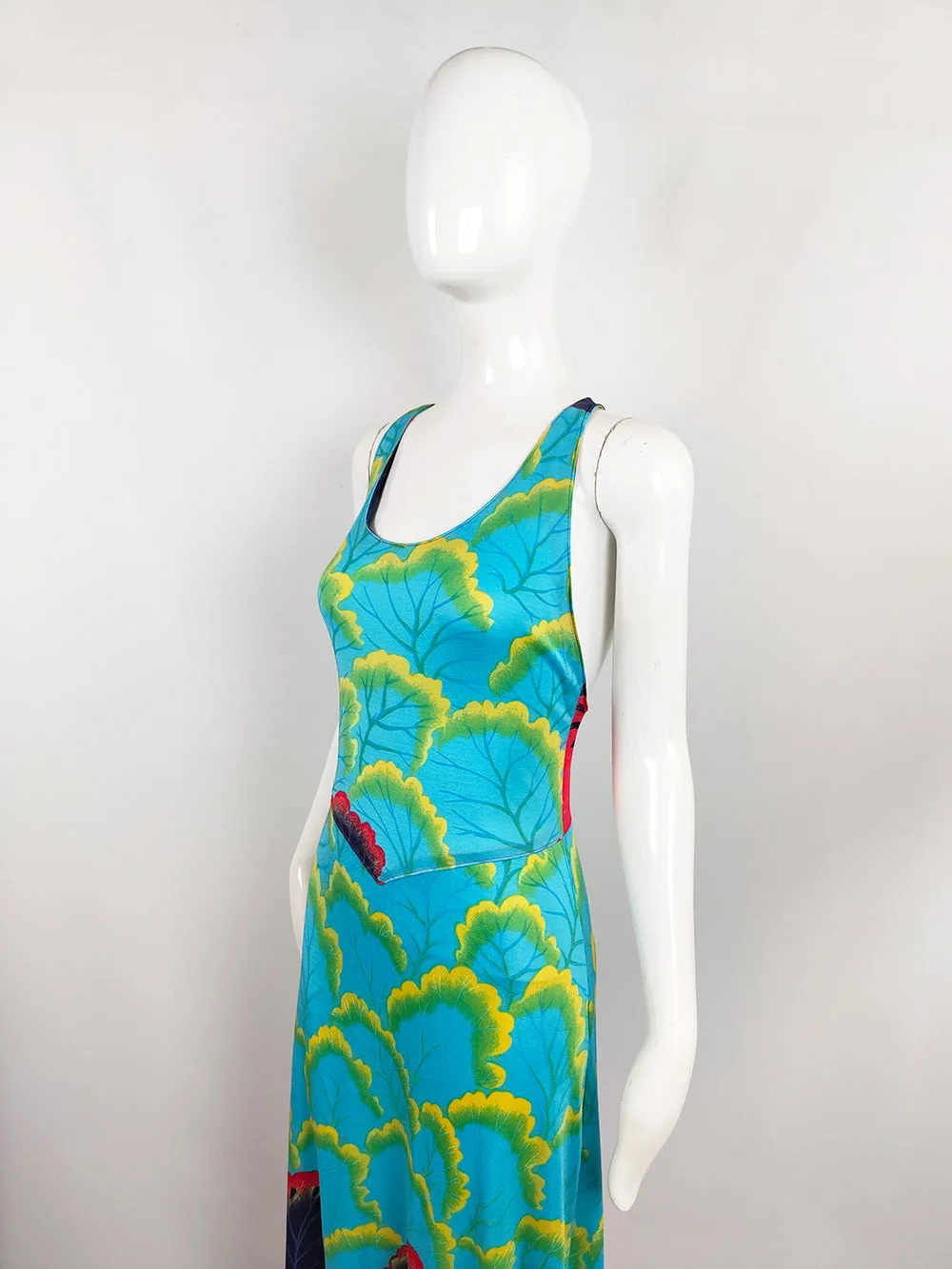 1970s Vintage Mac Tac Paris Turquoise Racer Back Jersey Maxi Dress