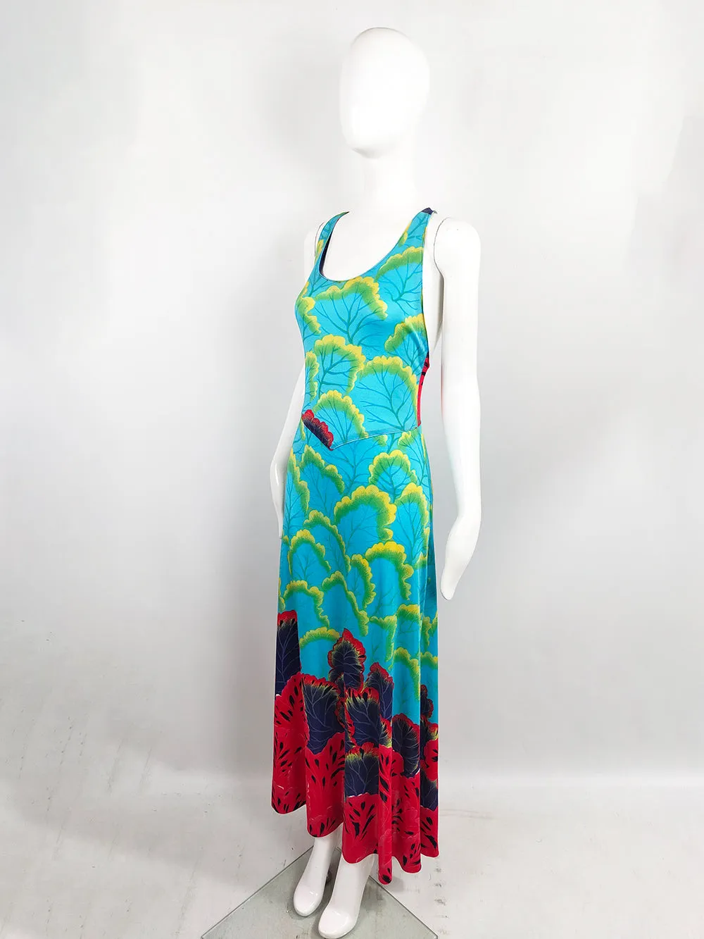 1970s Vintage Mac Tac Paris Turquoise Racer Back Jersey Maxi Dress