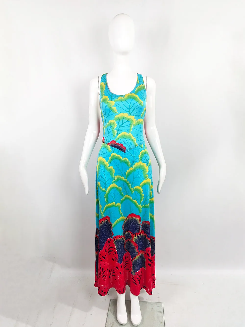 1970s Vintage Mac Tac Paris Turquoise Racer Back Jersey Maxi Dress