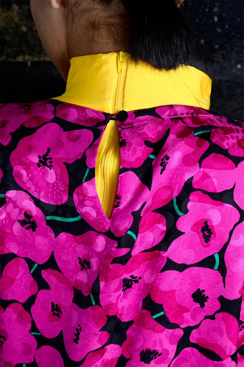 1980's Fuchsia Pink Floral Silk Vintage Blouse Small