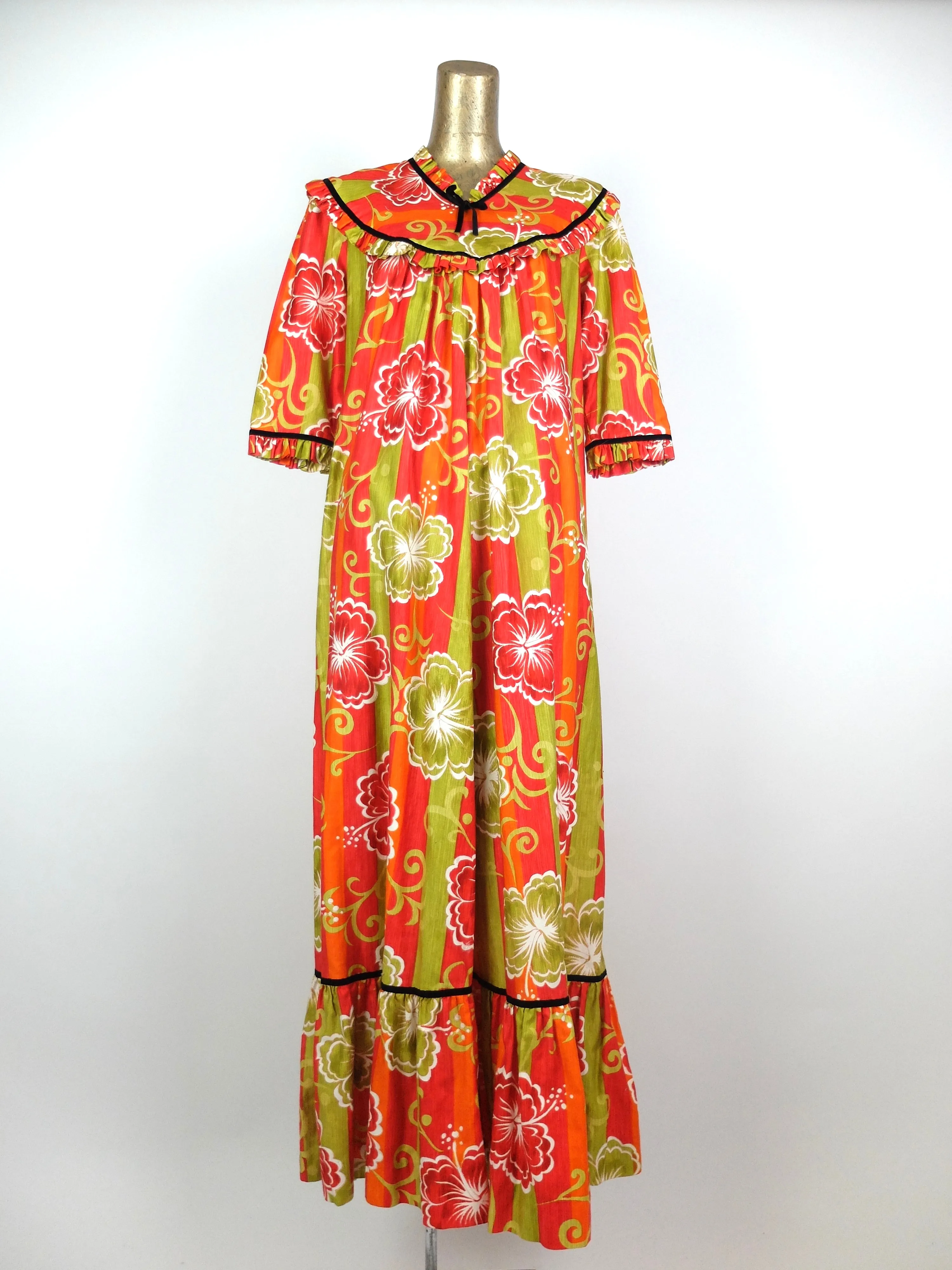 60s Mod Psychedelic Tropical Hawaiian Ruffled Half Sleeve Maxi Dress with Pockets