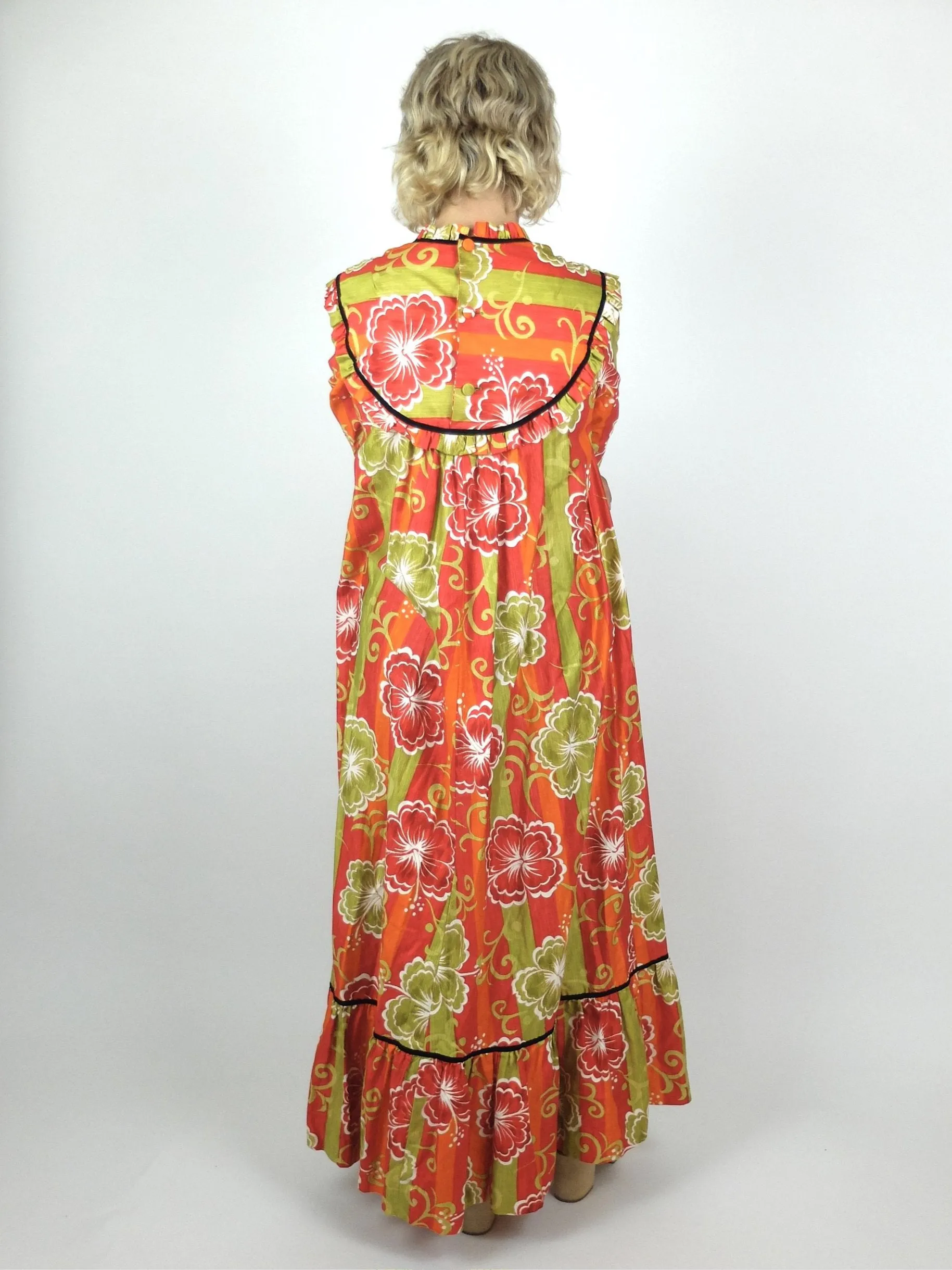 60s Mod Psychedelic Tropical Hawaiian Ruffled Half Sleeve Maxi Dress with Pockets