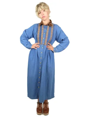 80s Bohemian Hippie Prairie Western Blue Denim Collared Long Sleeve Button Up Dress