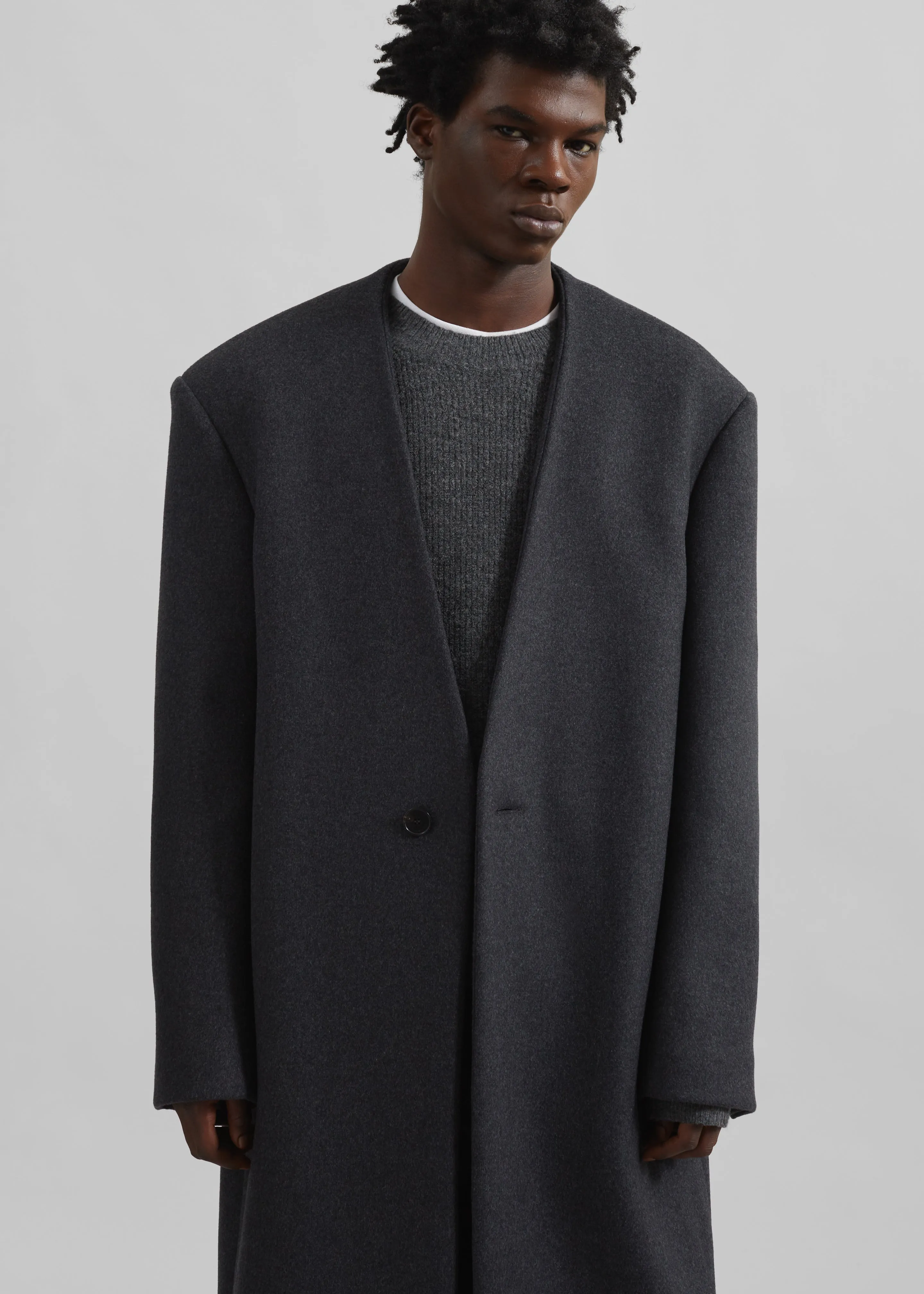 Alistar Collarless Wool Coat - Dark Grey Melange