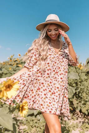 Autumn And Apple Cider Floral Shift Dress In Taupe