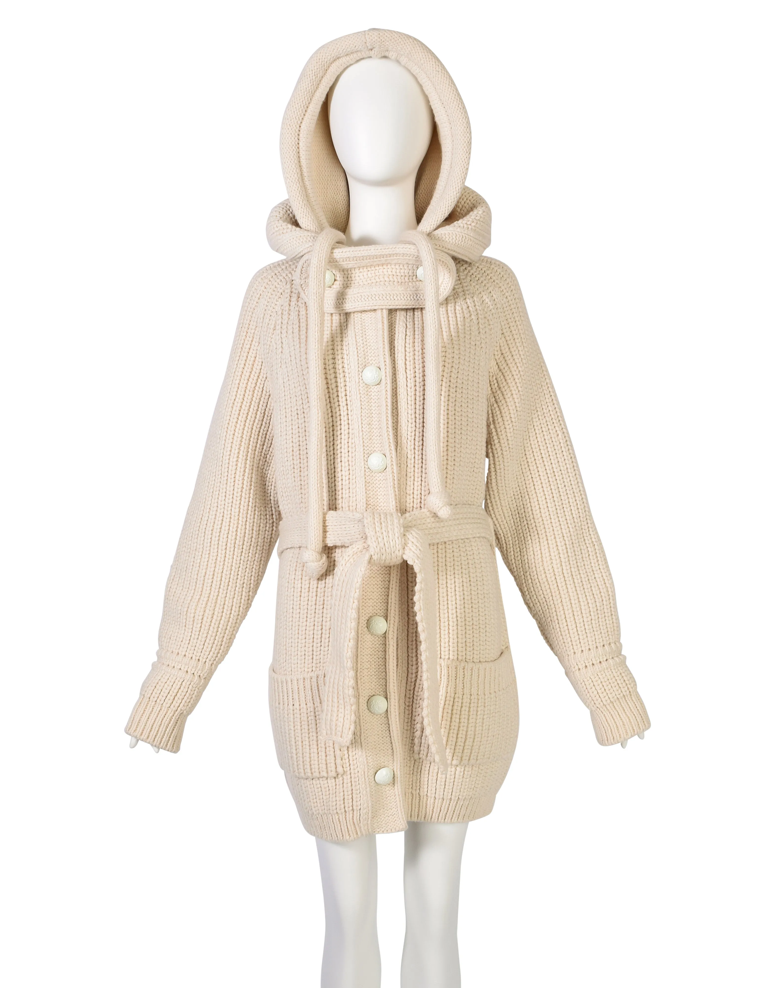 Balenciaga Vintage AW 2007 by Nicolas Ghesquière Cream Knit Wool Oversized Hooded Sweater Coat