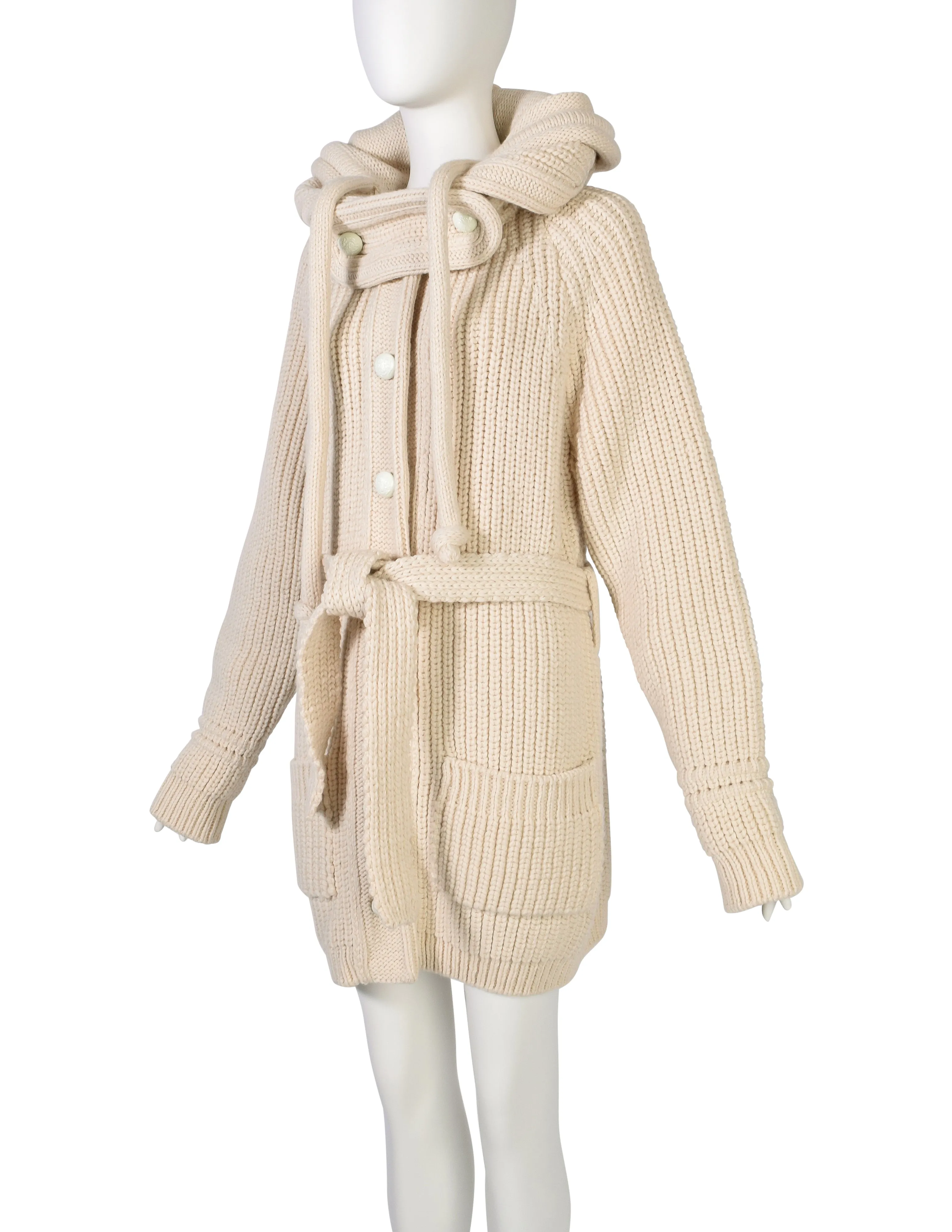 Balenciaga Vintage AW 2007 by Nicolas Ghesquière Cream Knit Wool Oversized Hooded Sweater Coat