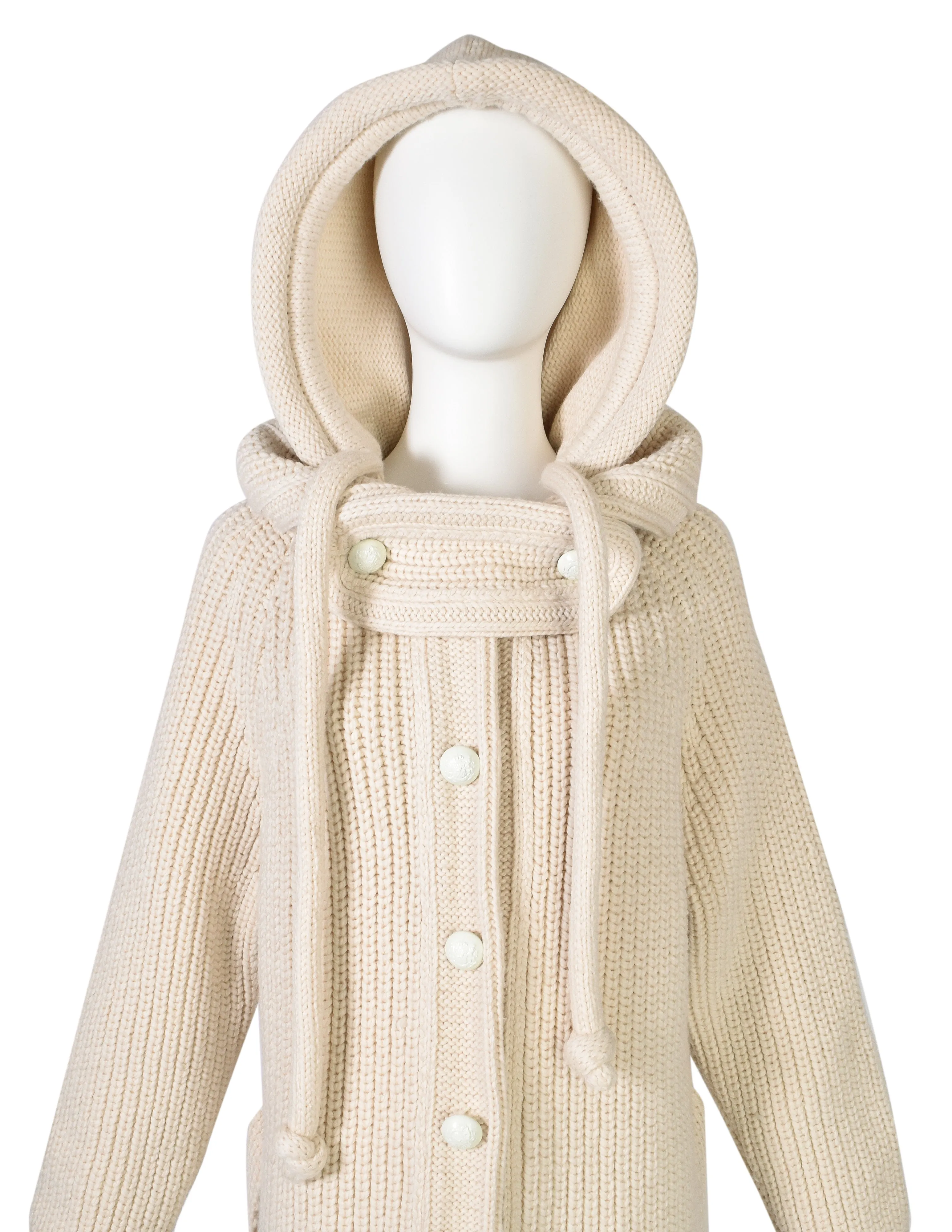 Balenciaga Vintage AW 2007 by Nicolas Ghesquière Cream Knit Wool Oversized Hooded Sweater Coat