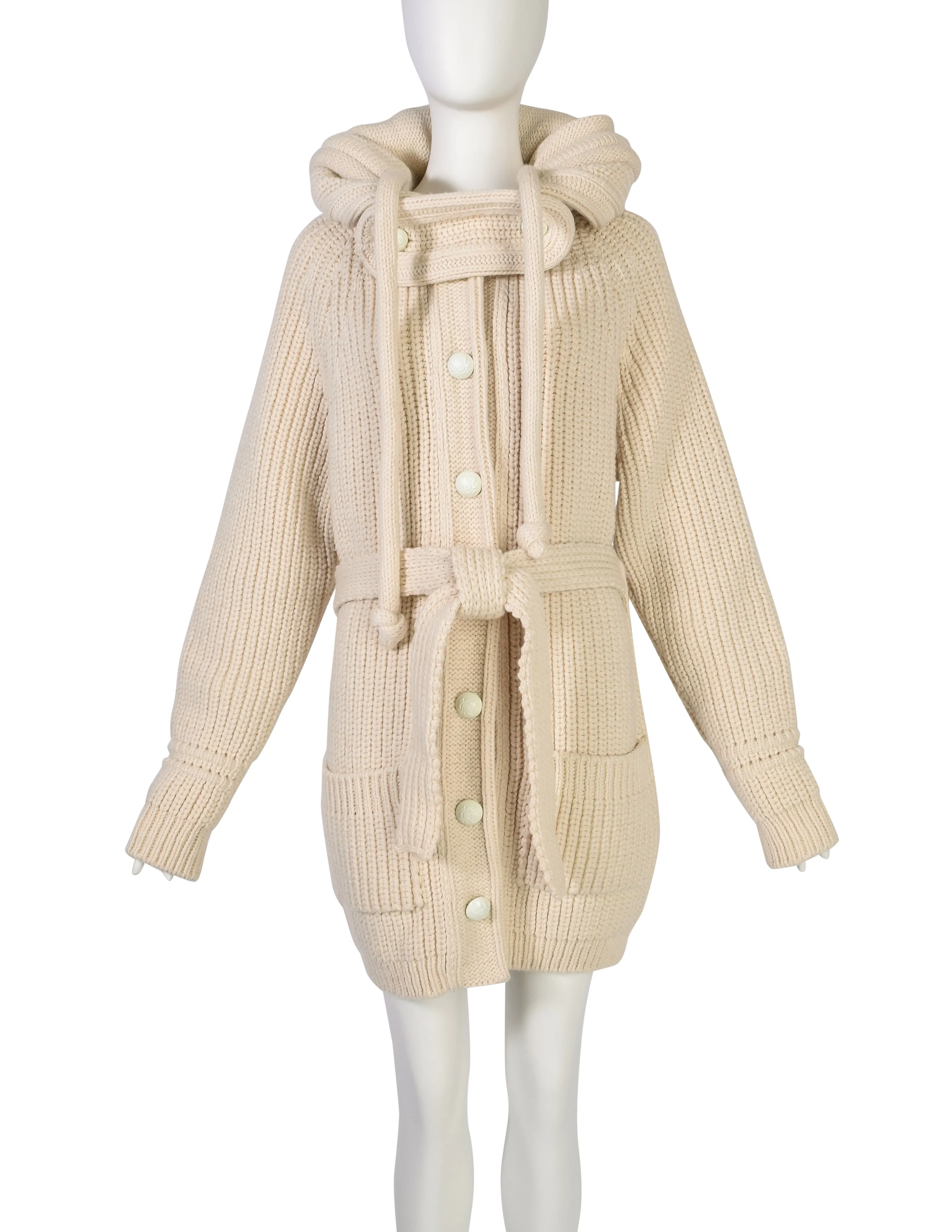 Balenciaga Vintage AW 2007 by Nicolas Ghesquière Cream Knit Wool Oversized Hooded Sweater Coat