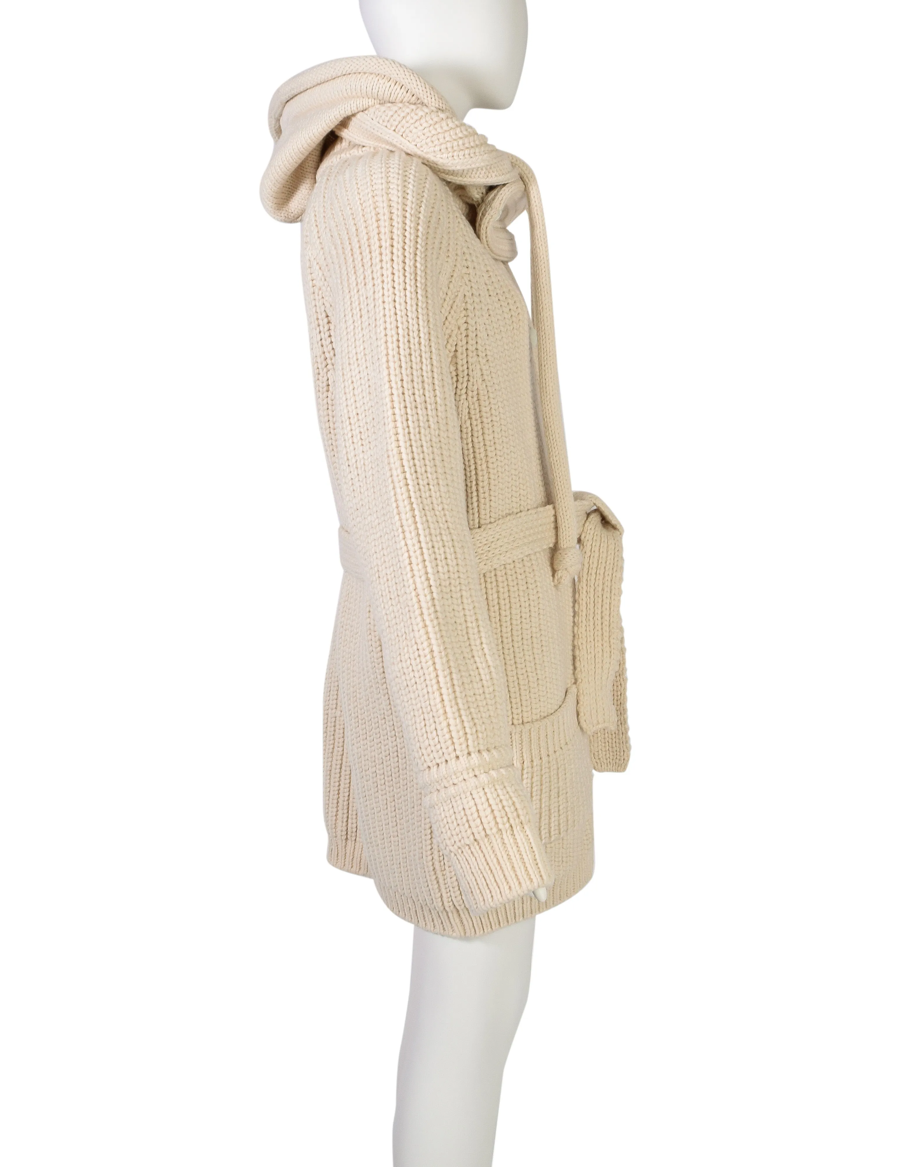 Balenciaga Vintage AW 2007 by Nicolas Ghesquière Cream Knit Wool Oversized Hooded Sweater Coat