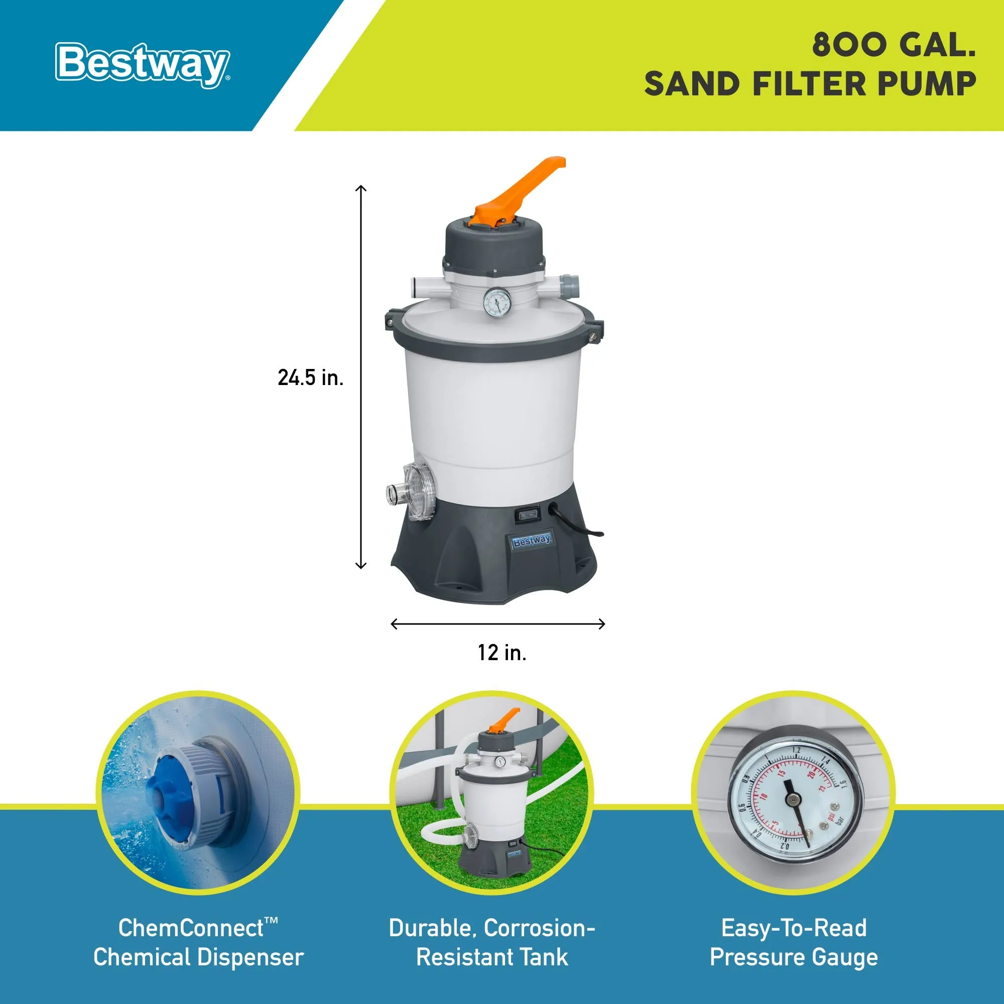 Bestway Flowclear 800 Gal Sand Filter Pool Pump w/ChemConnect & Top Flange Clamp