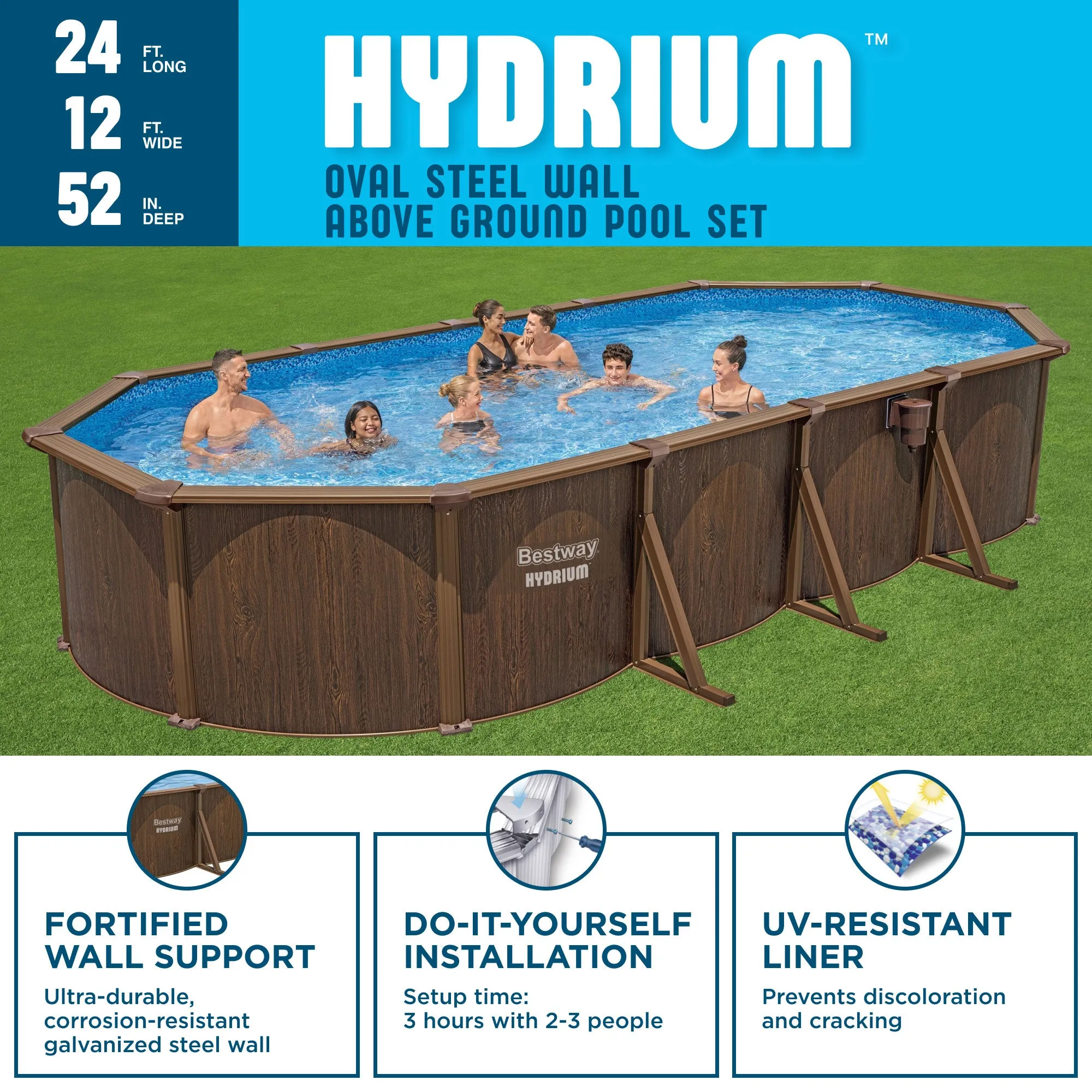 Bestway Hydrium 24'x12'x52" Oval Above Ground Swimming Pool Set, Brown Woodgrain