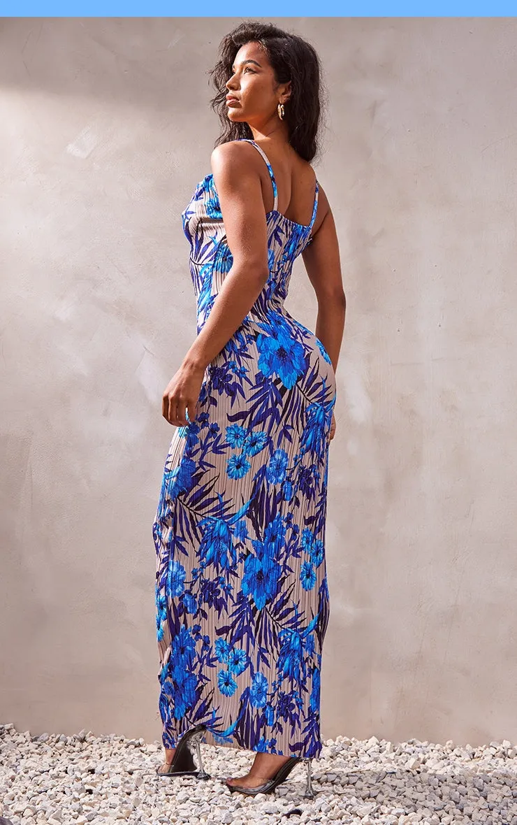 Blue Floral Print Plisse Strappy Maxi Dress