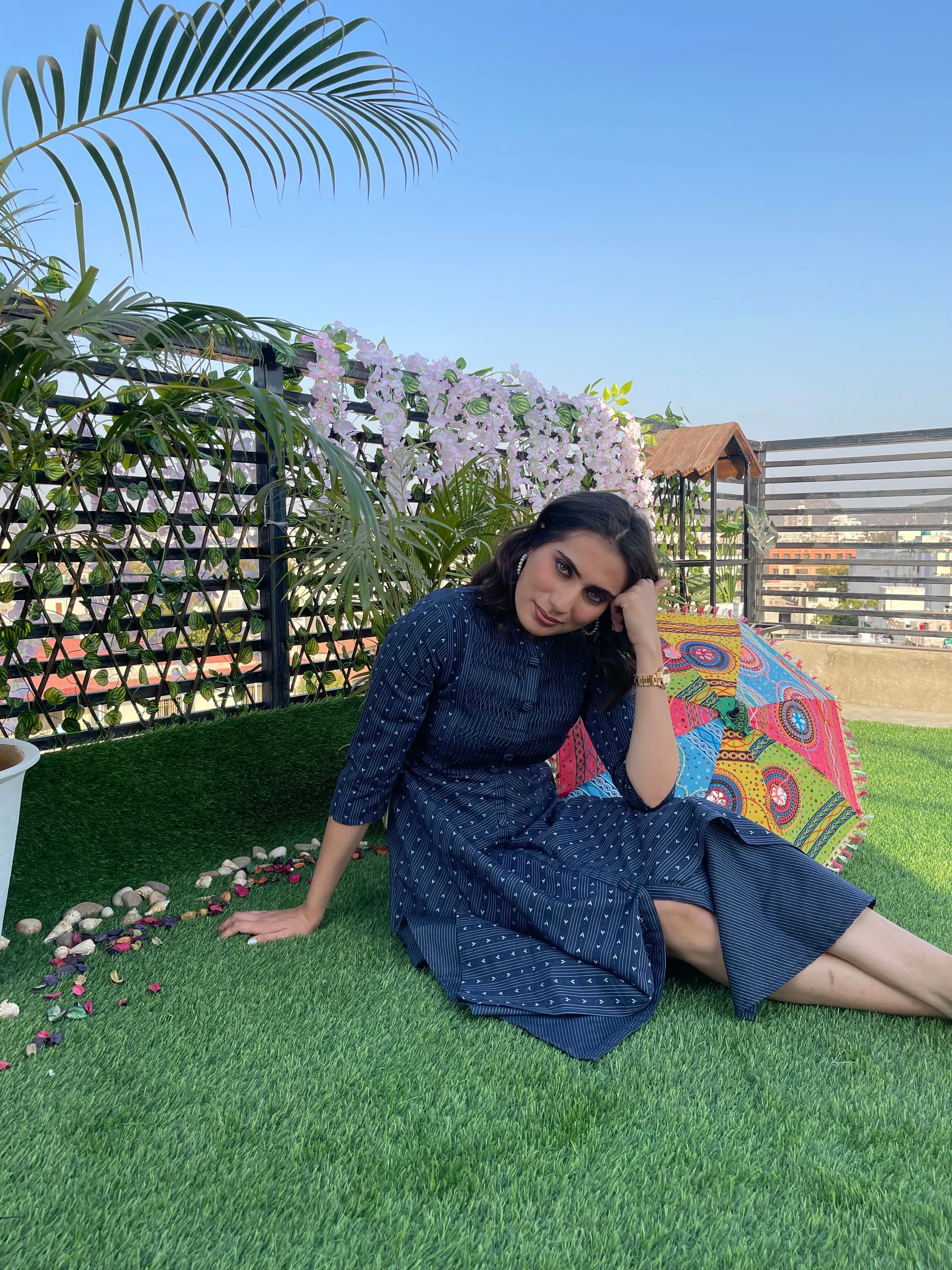 Blue Yoke Pleated Cotton Dress