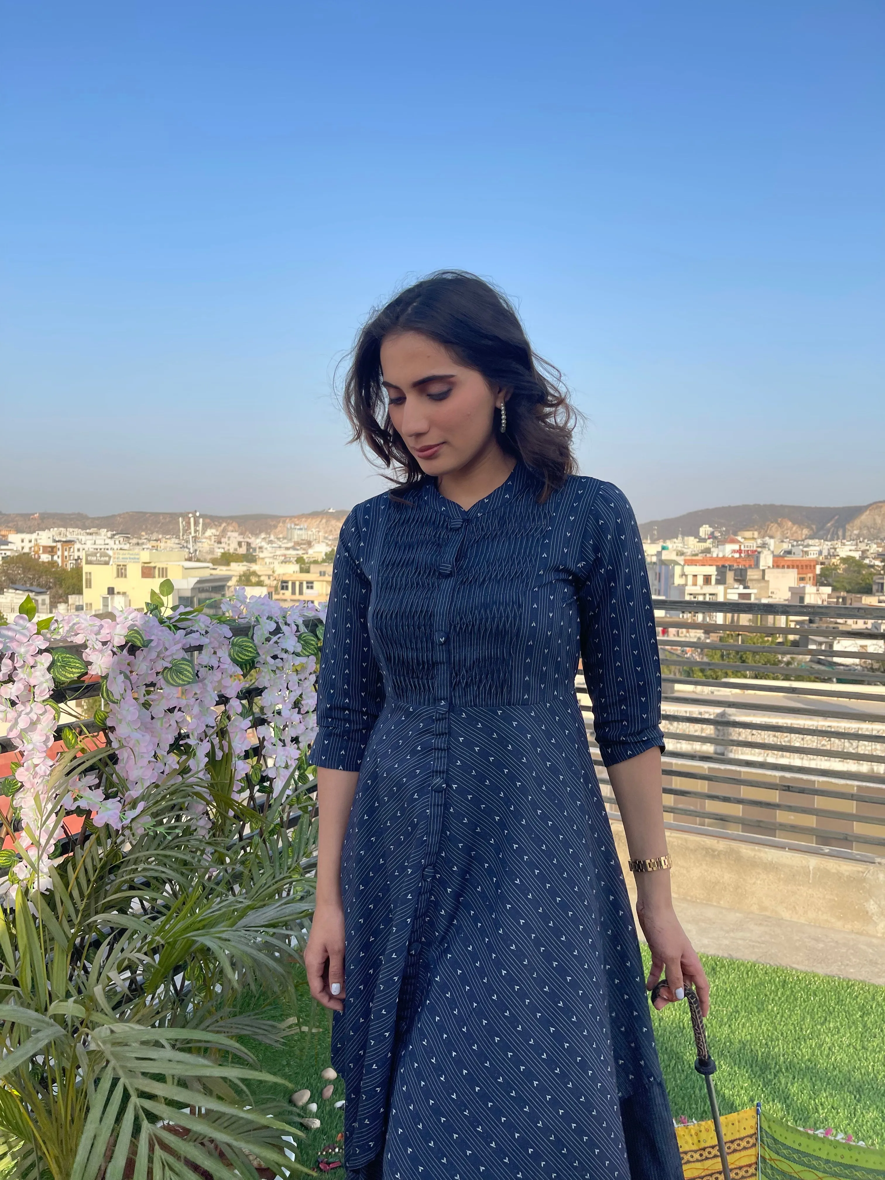 Blue Yoke Pleated Cotton Dress