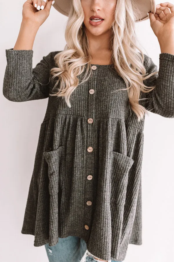 Bring On The Lattes Babydoll Tunic Dress In Dark Grey