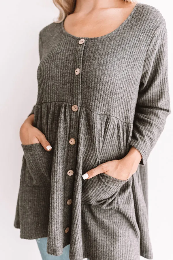 Bring On The Lattes Babydoll Tunic Dress In Dark Grey