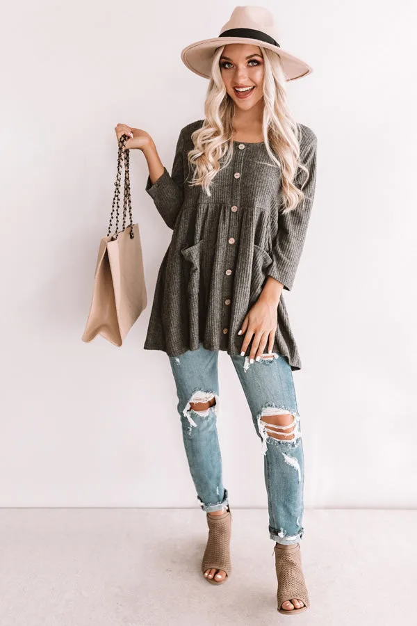 Bring On The Lattes Babydoll Tunic Dress In Dark Grey