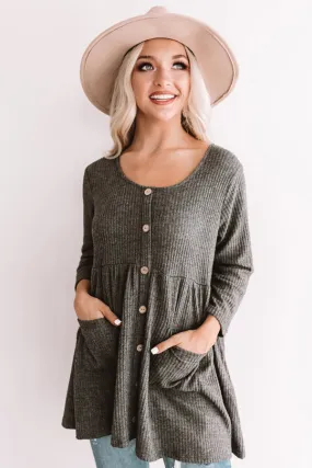 Bring On The Lattes Babydoll Tunic Dress In Dark Grey