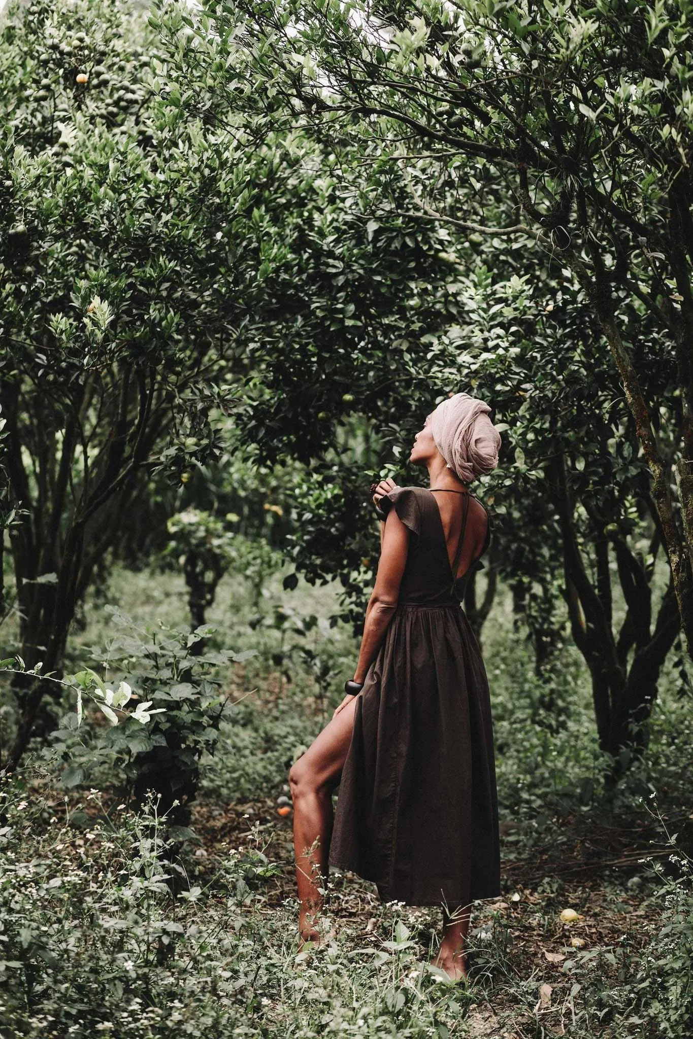 Brown Organic Linen Goddess Dress with V-shape Open Back