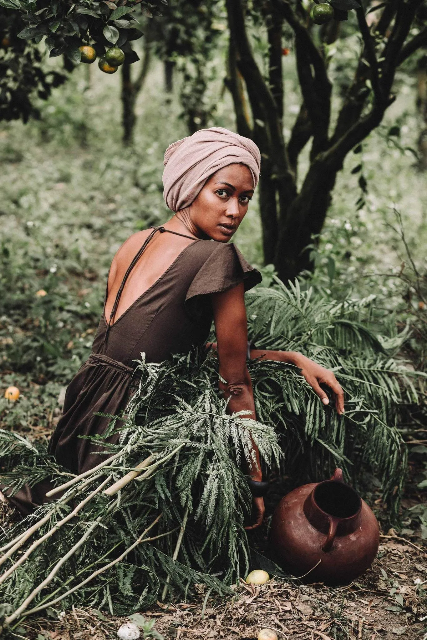 Brown Organic Linen Goddess Dress with V-shape Open Back