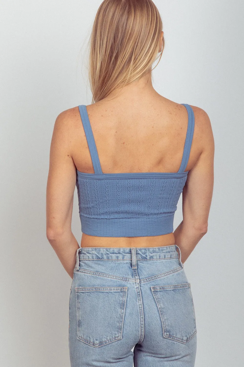 Cable Ribbed Fitted Crop Tank Top Denim