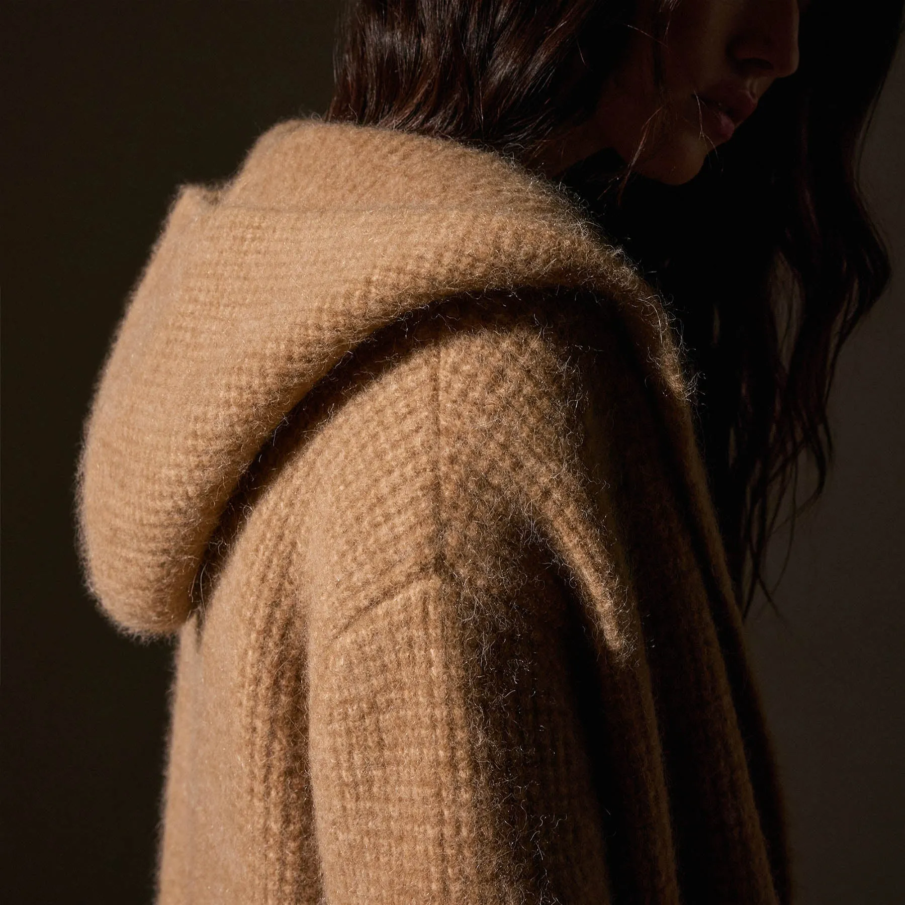 Chunky Waffle Knit Hooded Coat - Camel