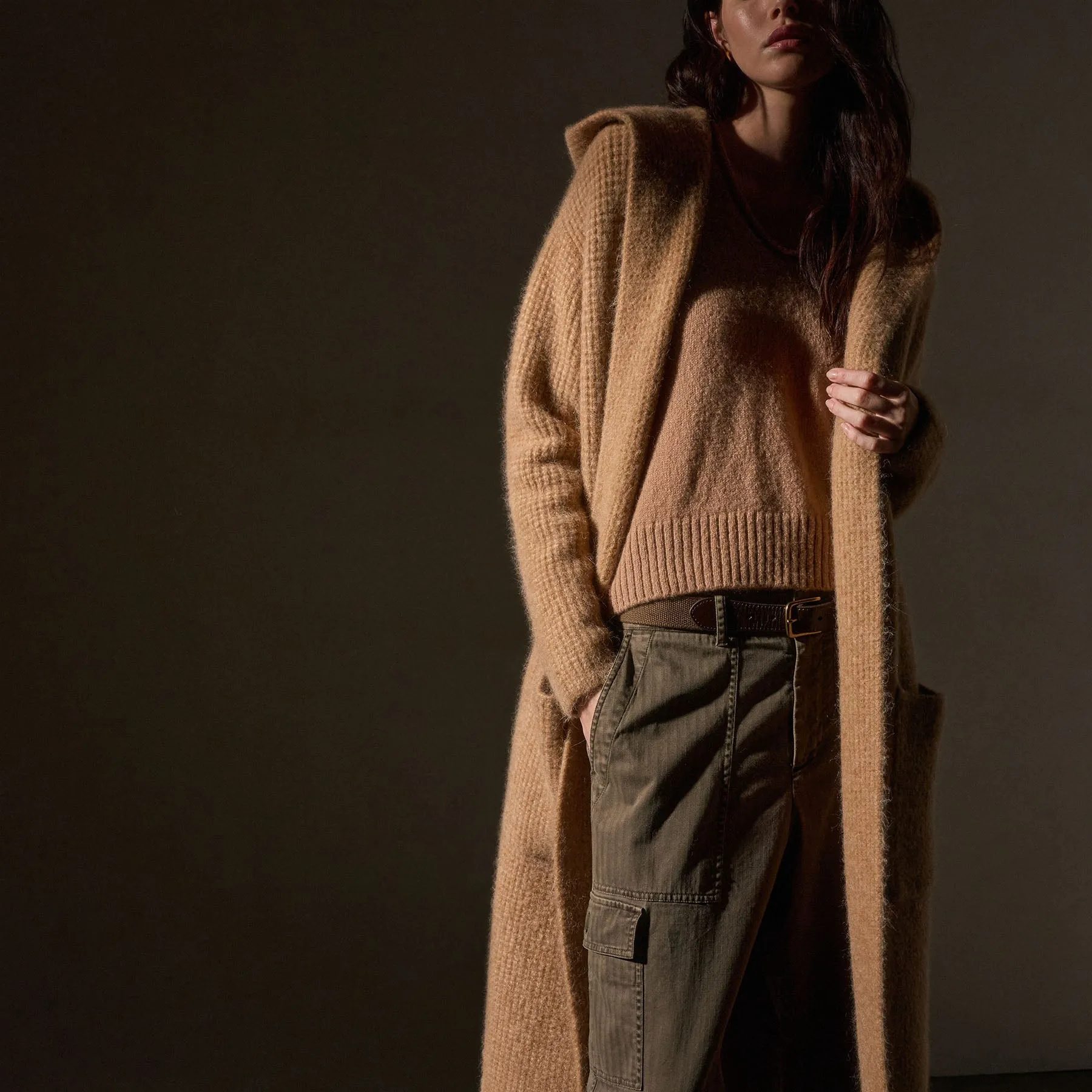 Chunky Waffle Knit Hooded Coat - Camel