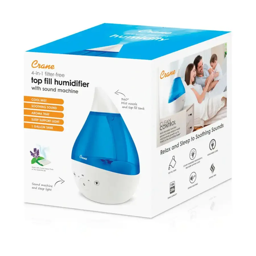 Crane 4-in-1 Filter Free Top Fill Drop Cool Mist Humidifier w/ Sound Machine - BLUE/WHITE