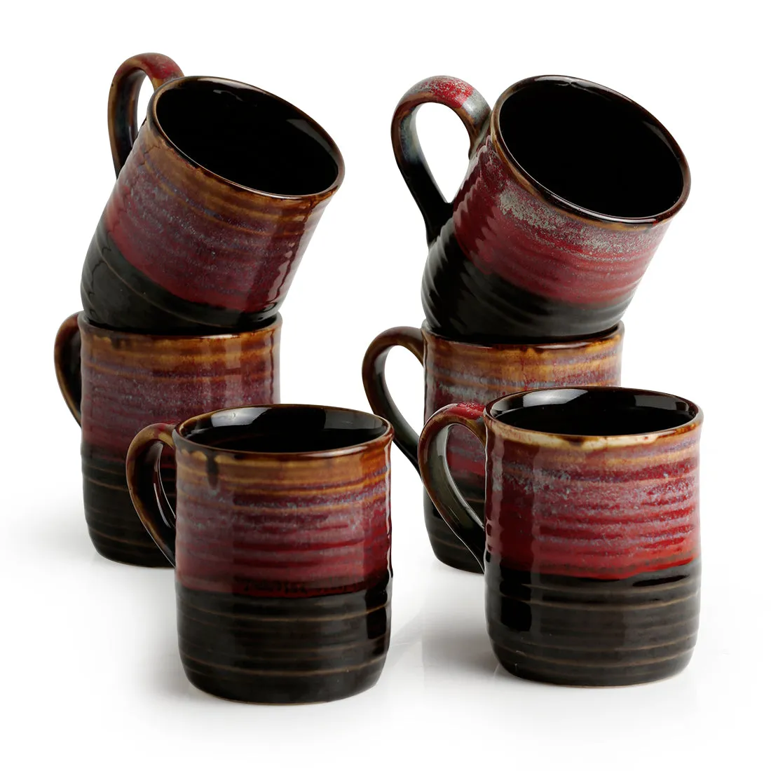 'Crimson Nightfalls' Studio Pottery Glazed Tea & Coffee Cups In Ceramic (Set Of 6)