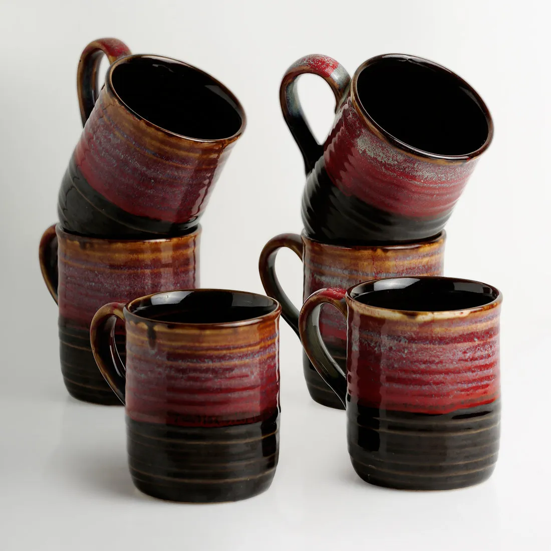 'Crimson Nightfalls' Studio Pottery Glazed Tea & Coffee Cups In Ceramic (Set Of 6)