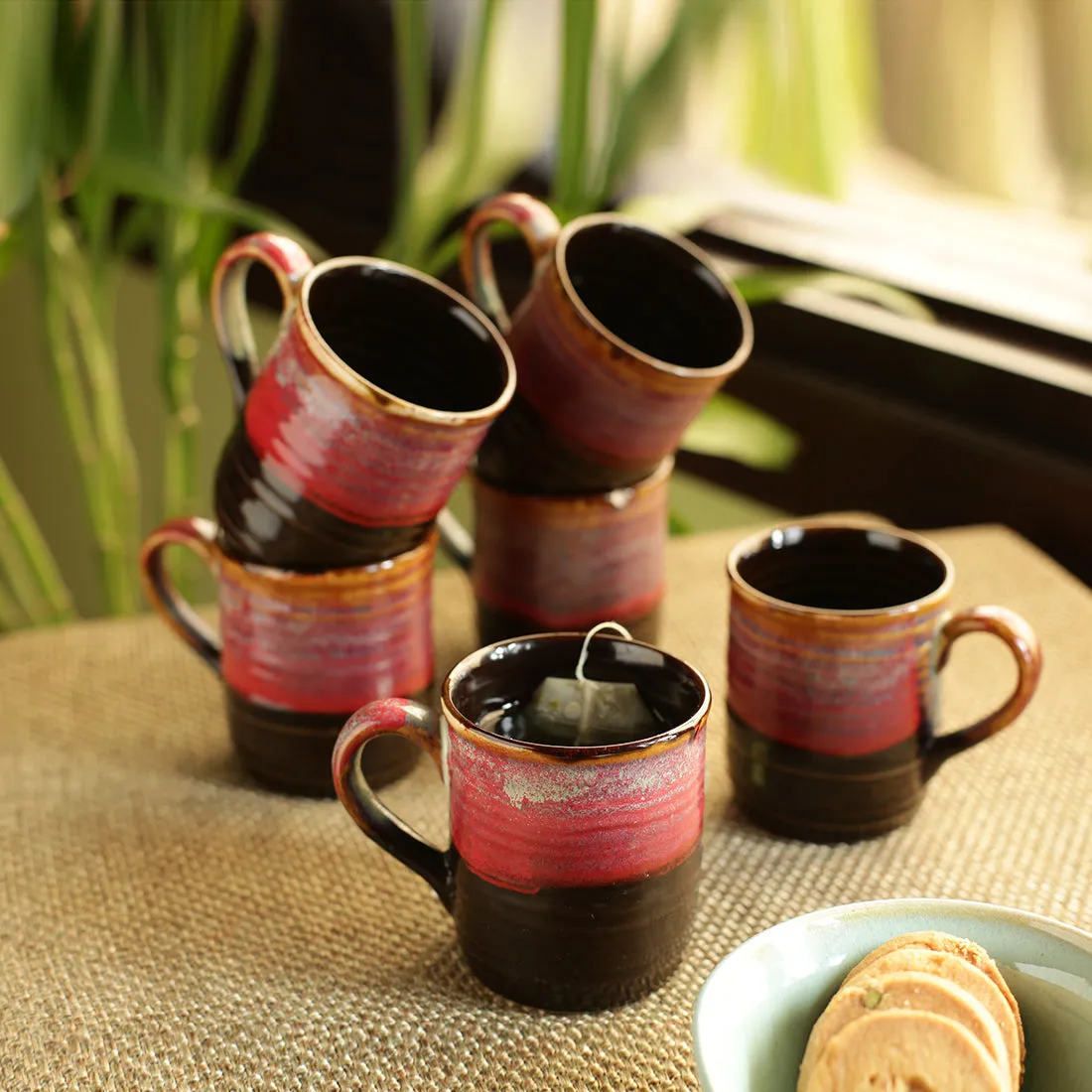 'Crimson Nightfalls' Studio Pottery Glazed Tea & Coffee Cups In Ceramic (Set Of 6)