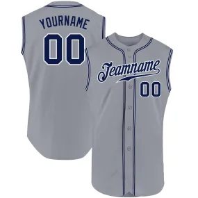 Custom Gray Navy-White Authentic Sleeveless Baseball Jersey