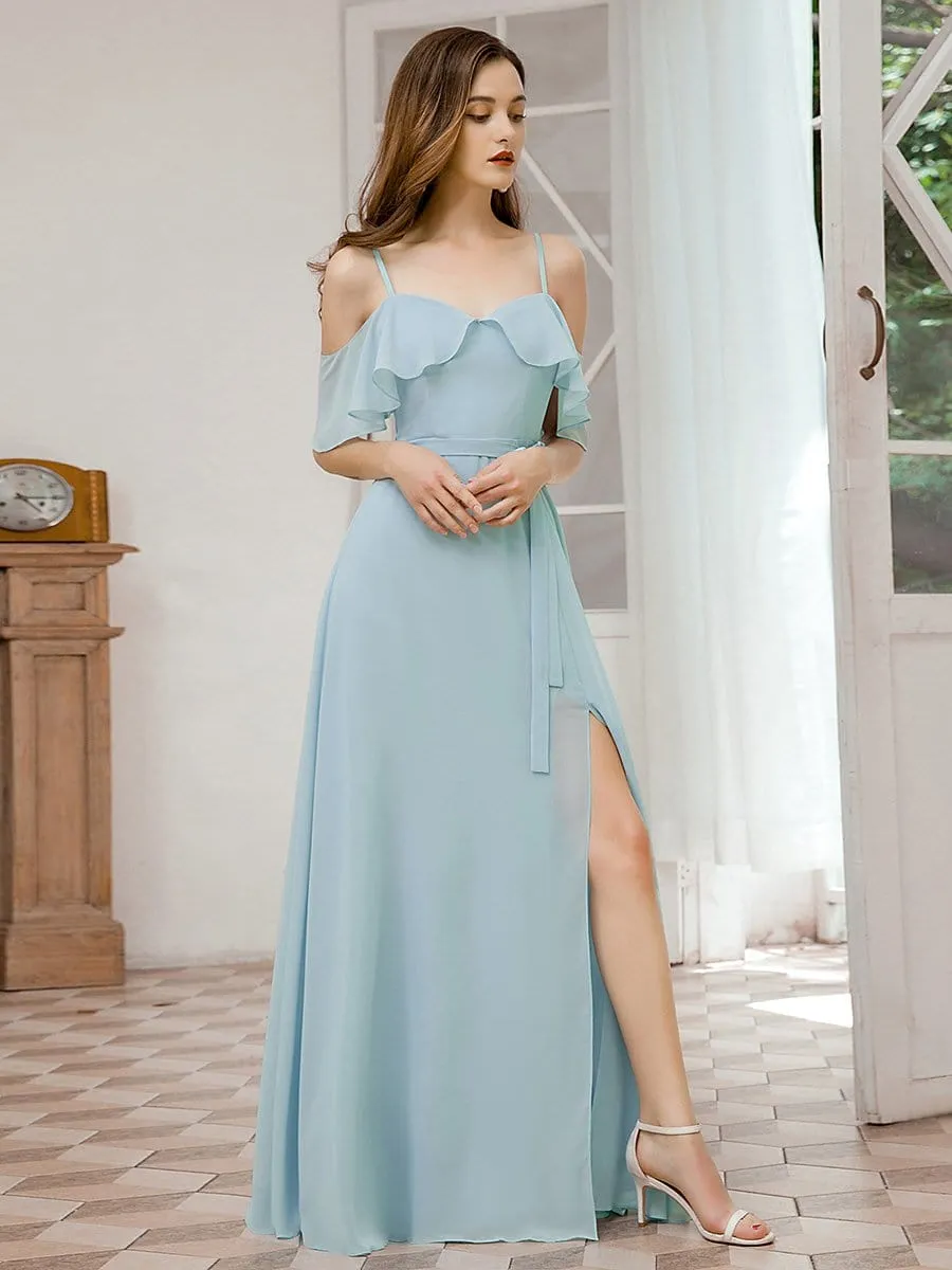 Dainty Chiffon Bridesmaid Dresses with Ruffles Sleeves with Side Slit