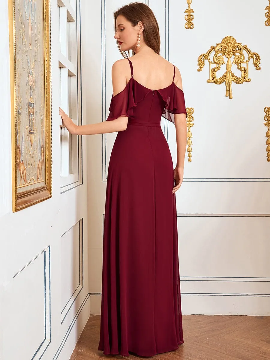 Dainty Chiffon Bridesmaid Dresses with Ruffles Sleeves with Side Slit