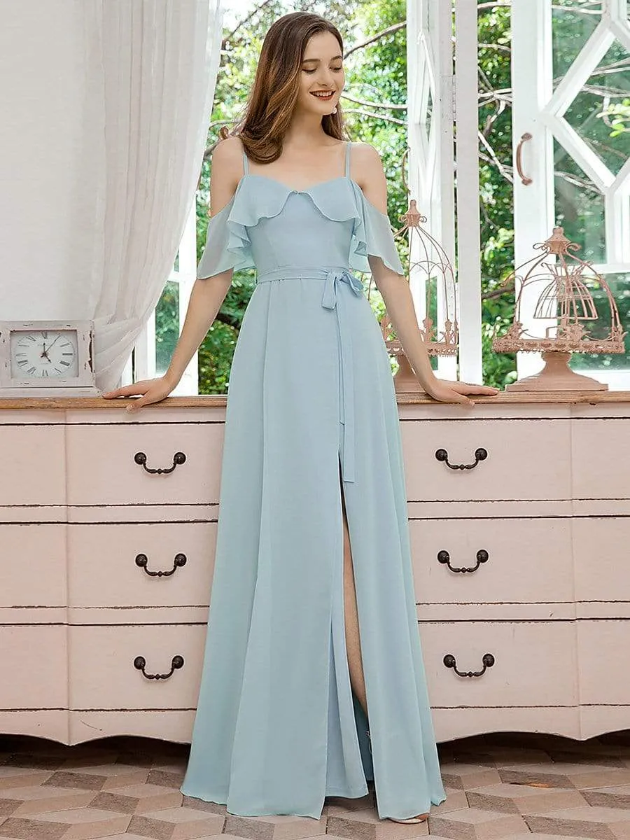 Dainty Chiffon Bridesmaid Dresses with Ruffles Sleeves with Side Slit