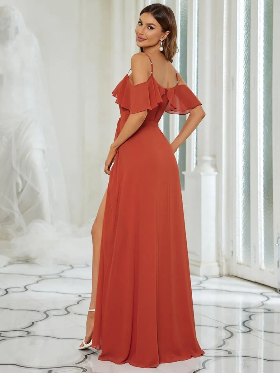 Dainty Chiffon Bridesmaid Dresses with Ruffles Sleeves with Side Slit