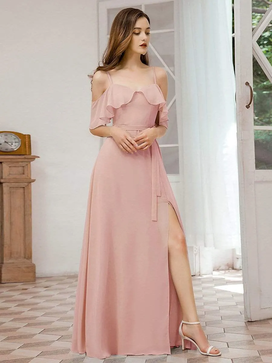 Dainty Chiffon Bridesmaid Dresses with Ruffles Sleeves with Side Slit