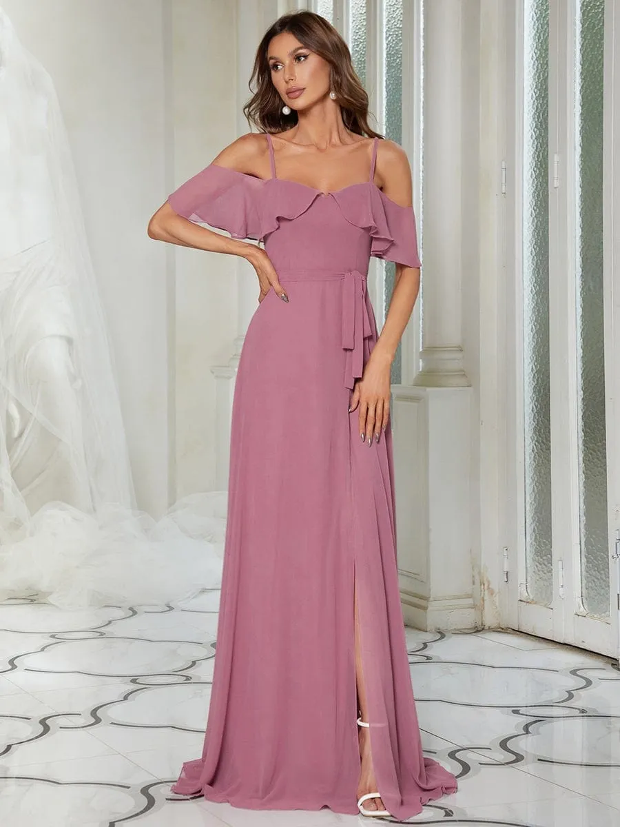 Dainty Chiffon Bridesmaid Dresses with Ruffles Sleeves with Side Slit