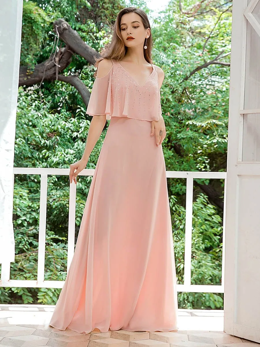 Dainty Short Ruffles Sleeves V-neck Chiffon Evening Dresses