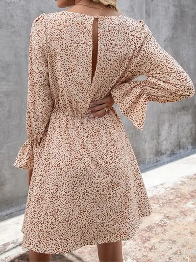 Decorative Button V-Neck Flounce Sleeve Dress