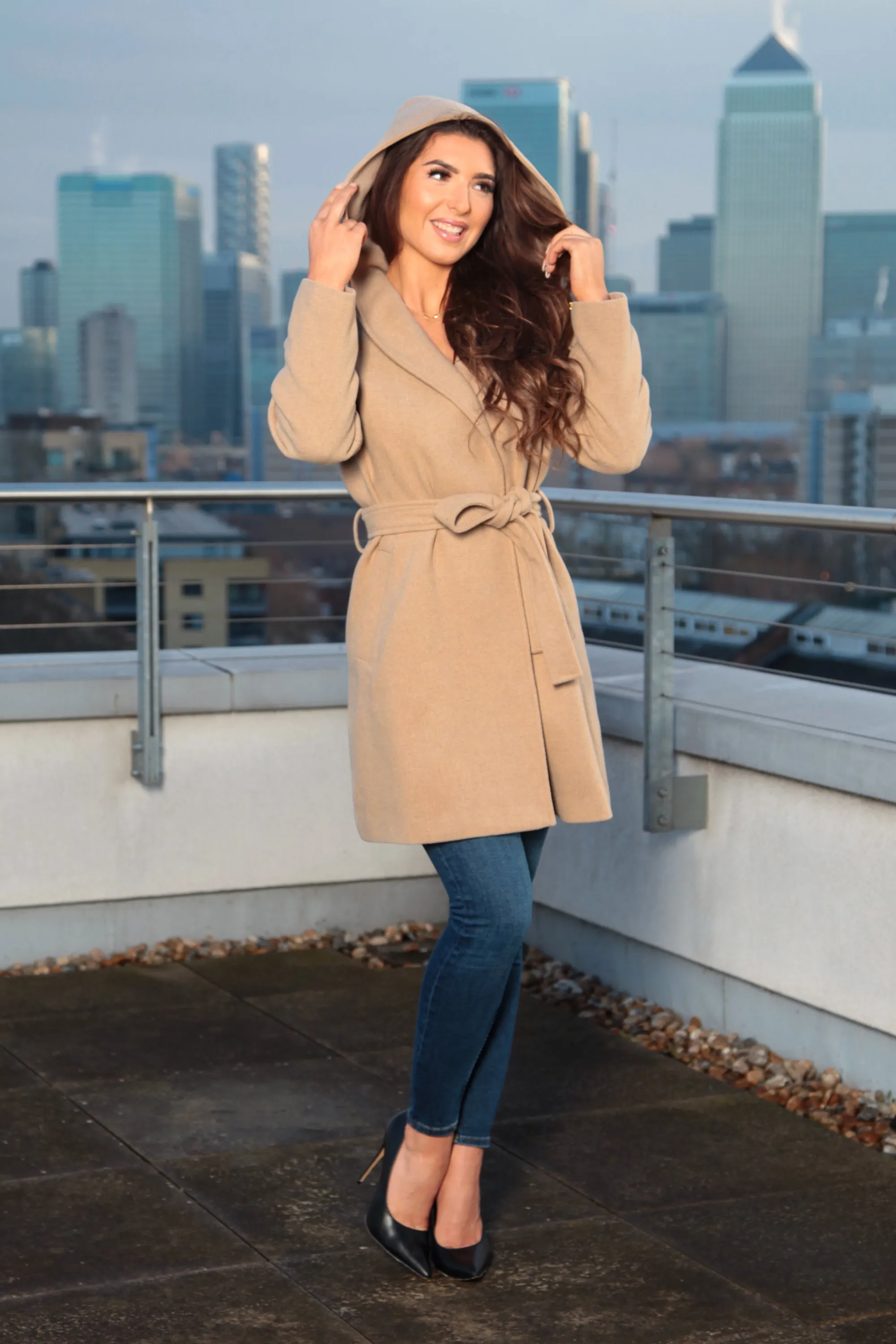 Double Second Camel Hooded Wool Blend Wrap Coat