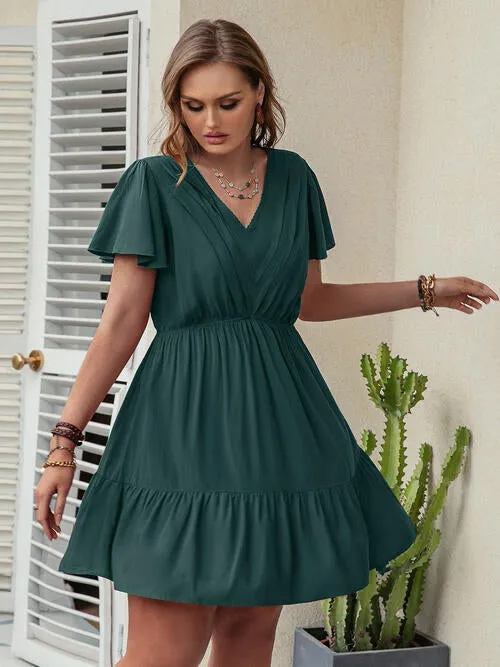 Double Take Plus Size Ruffle Hem V-Neck Short Sleeve Dress