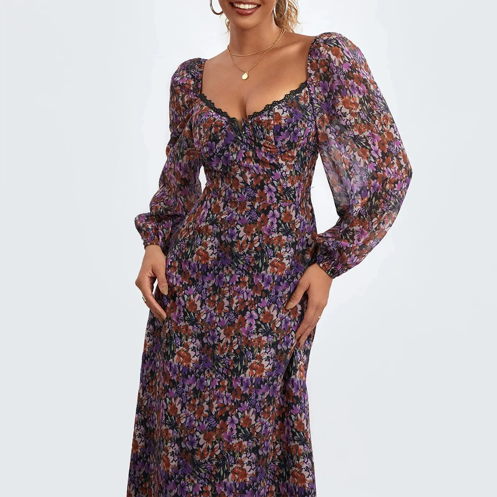 Fall Casual Floral Print Sweetheart Neckline Long Puff Sleeve Fashion Backless Holiday Maxi Spring Dress