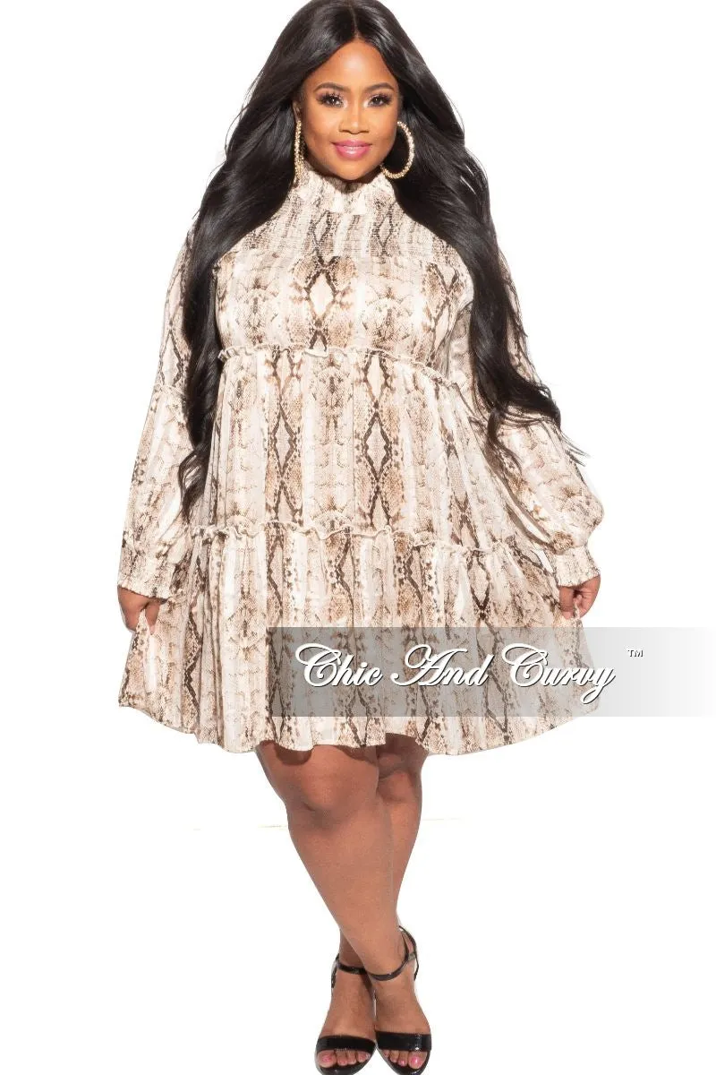 Final Sale Plus Size Mock Neck Ruffle Layer Babydoll Dress in Brown Snake